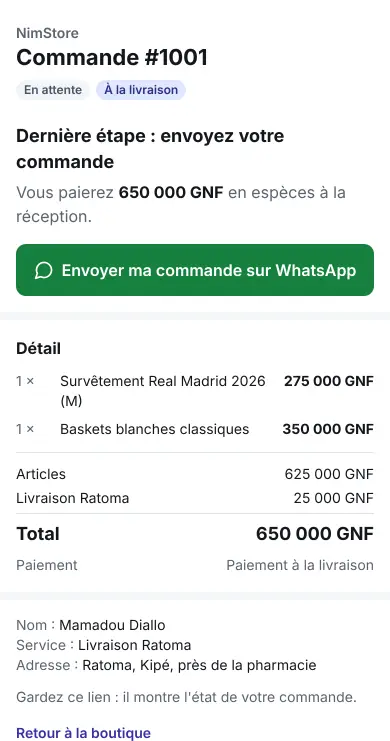 La commande prête à être envoyée sur WhatsApp, paiement à la livraison