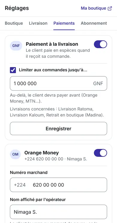 Réglage du paiement à la livraison : interrupteur et montant maximum en GNF