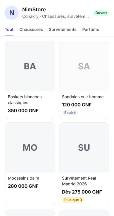 Une vitrine Wanllan sur téléphone : produits, prix en GNF, panier